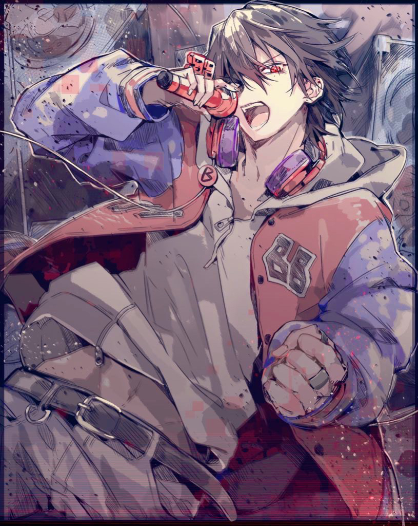 1boy, belt, black_belt, black_hair, blue_jacket, green_eyes, grey_pants, headphones