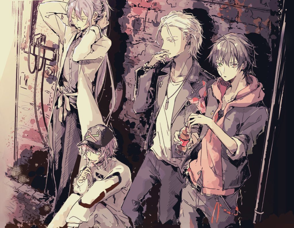 4boys, amemura_ramuda, aohitsugi_samatoki, black_hair, blue_eyes, candy, cigarette, closed_eyes, food, green_eyes, heterochromia, holding, holding_cigarette, hypnosis_mic, jinguji_jakurai, kisaragi_koubana, lollipop, long_hair, male_focus, mole, mole_under_eye, multiple_boys, pink_hair, ponytail, purple_hair, red_eyes, short_hair, smoking, the_dirty_dawg, tongue, tongue_out, white_hair, yamada_ichiro