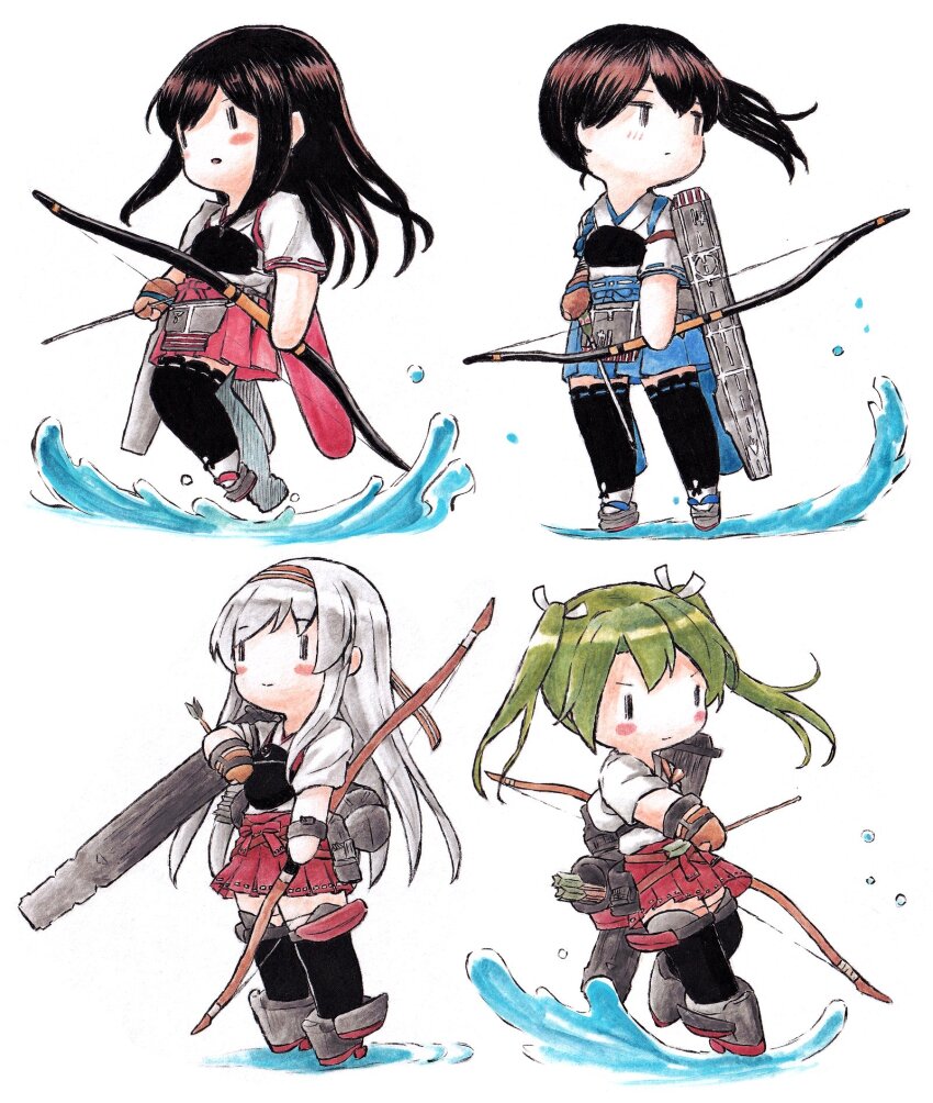 4girls, akagi_(kancolle), arrow_(projectile), black_hair, black_thighhighs, blue_hakama, bow_(weapon), brown_gloves