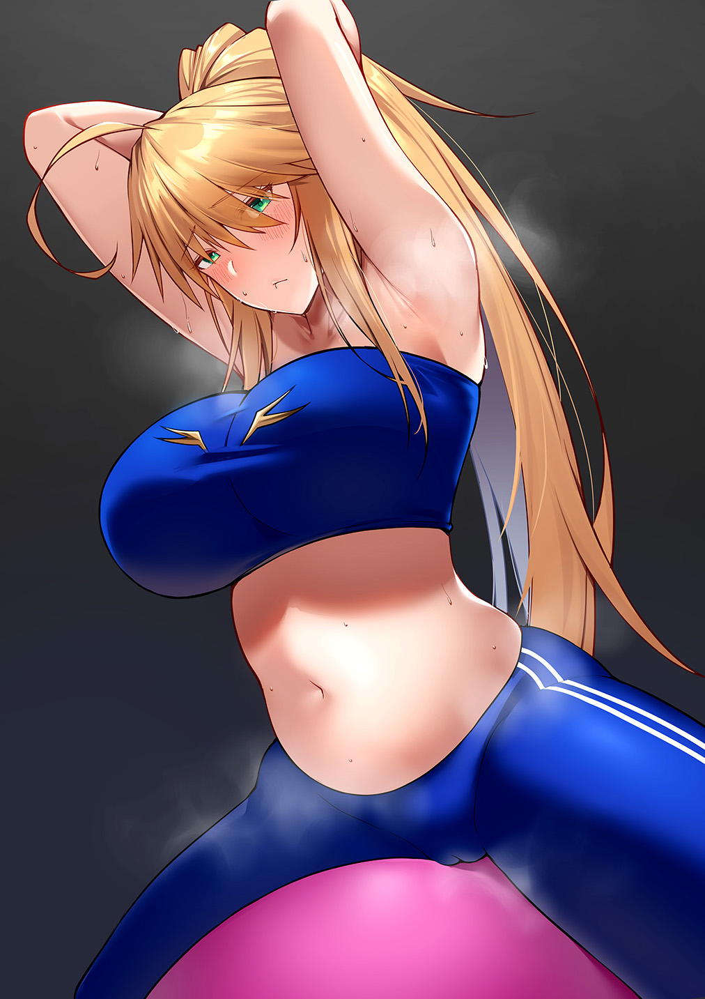 1girl, ahoge, armpits, arms_behind_head, arms_up, artoria_pendragon_(fate), artoria_pendragon_(lancer)_(fate), ball, bare_shoulders, blonde_hair, blue_pants, blue_sports_bra, breasts, exercise_ball, fate/grand_order, fate_(series), green_eyes, hair_between_eyes, highres, large_breasts, long_hair, looking_at_viewer, navel, nekosama_shugyouchuu, pants, ponytail, sidelocks, sports_bra, yoga_pants