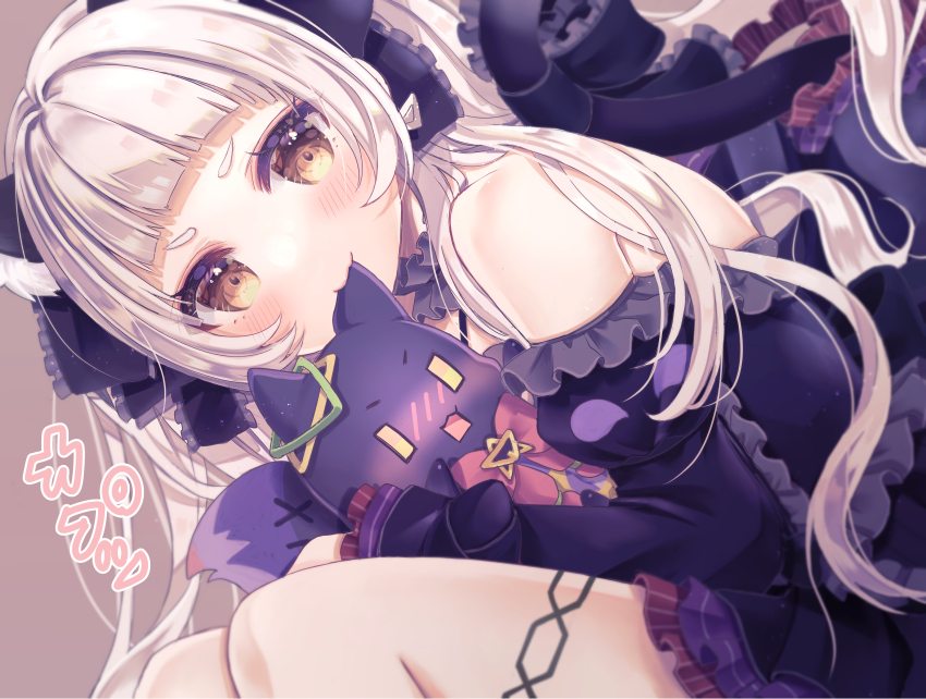 1girl, absurdres, animal_ears, bare_shoulders, biting, black_dress, black_sleeves, blunt_bangs