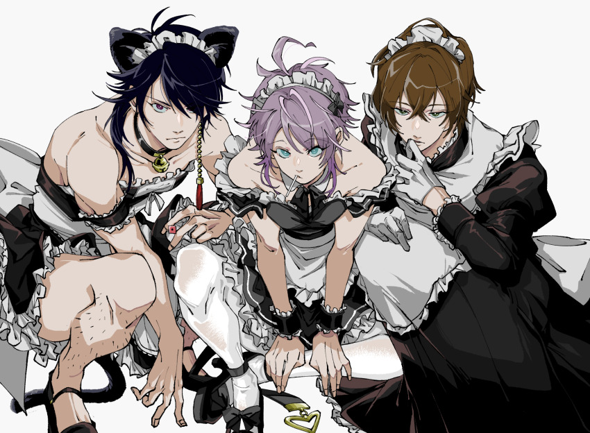 3boys, ahoge, alternate_costume, amemura_ramuda, androgynous, animal_ear_hairband, animal_ears, arisugawa_dice