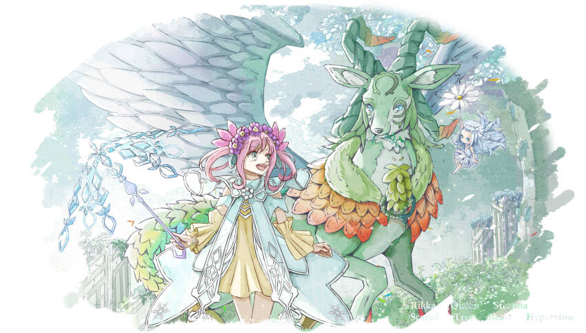 2girls, :d, bangs_pinned_back, blue_eyes, character_name, commentary_request, detached_sleeves, dress, duel_monster, feathered_wings, flower, grey_dress, grey_hair, head_wreath, highres, holding, holding_flower, holding_umbrella, horns, looking_at_another, mini_person, minigirl, multiple_girls, open_mouth, pink_hair, purple_flower, rikka_petal, rikka_queen_strenna, sacred_tree_beast_hyperyton, sidelocks, sleeveless, sleeveless_dress, smile, standing, tamago_(xyxk3743), teeth, twintails, umbrella, upper_teeth_only, wings, yellow_dress, yellow_sleeves, yu-gi-oh!