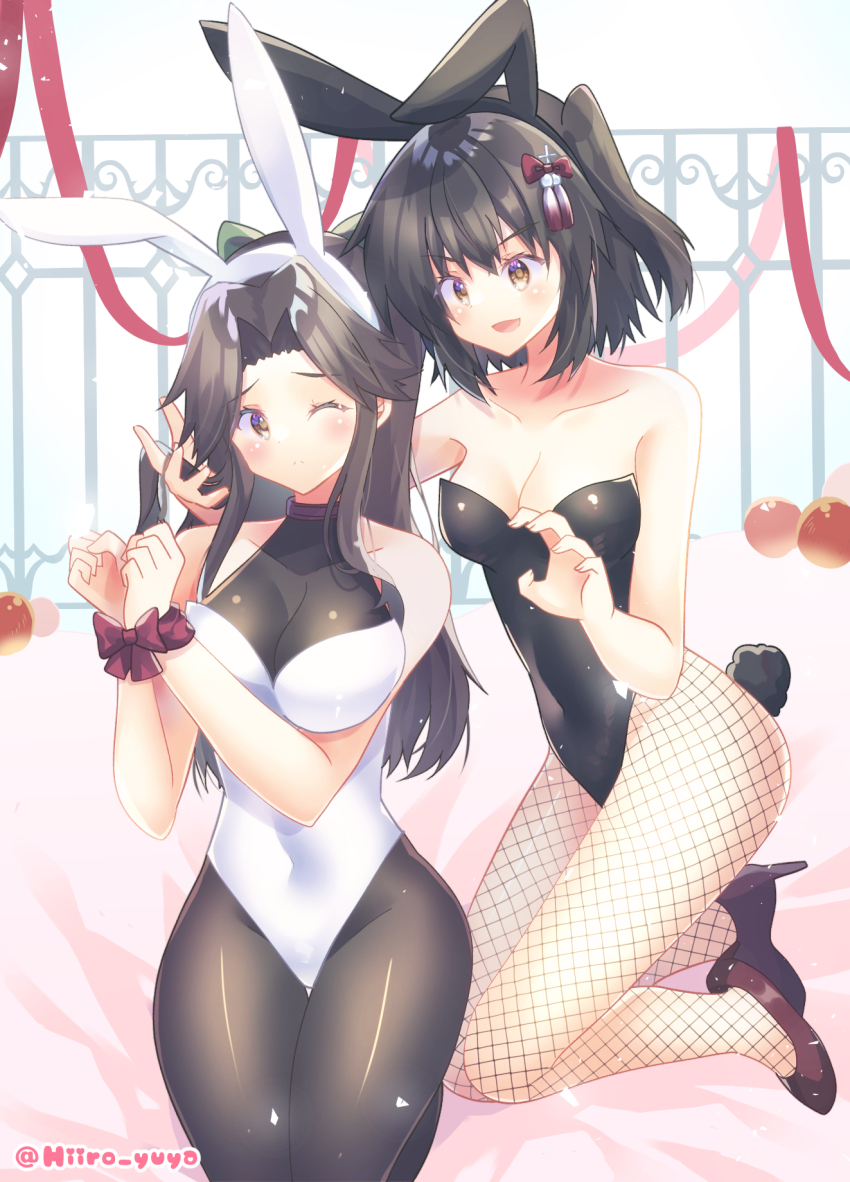 2girls, animal_ears, bed, black_leotard, bow, bowtie, breasts, brown_eyes