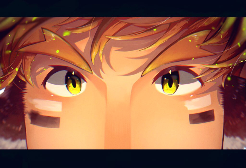 1boy, animal_ears, bara, brown_hair, close-up, commentary_request, cow_boy, cow_ears, eye_black, eye_focus, forked_eyebrows, kauri097, looking_at_viewer, male_focus, solo, thick_eyebrows, tokyo_houkago_summoners, wakan_tanka, yellow_eyes