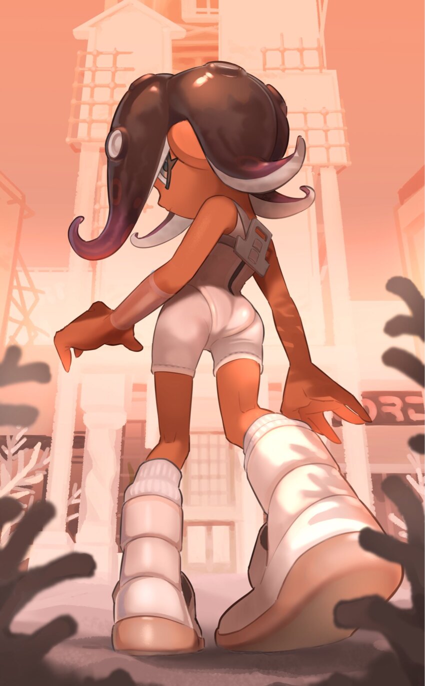 1girl, agent_8_(splatoon), ass, black_hair, bodysuit, building, dark-skinned_female, dark_skin, from_behind, highres, kneepits, looking_back, nintendo, octoling, octoling_girl, octoling_player_character, octopus_girl, otoboke-san, outdoors, pointy_ears, sandals, sleeveless, sleeveless_bodysuit, socks, solo, splatoon_(series), splatoon_3, splatoon_3:_side_order, standing, tentacle_hair, tentacles, white_bodysuit, white_sandals, white_socks