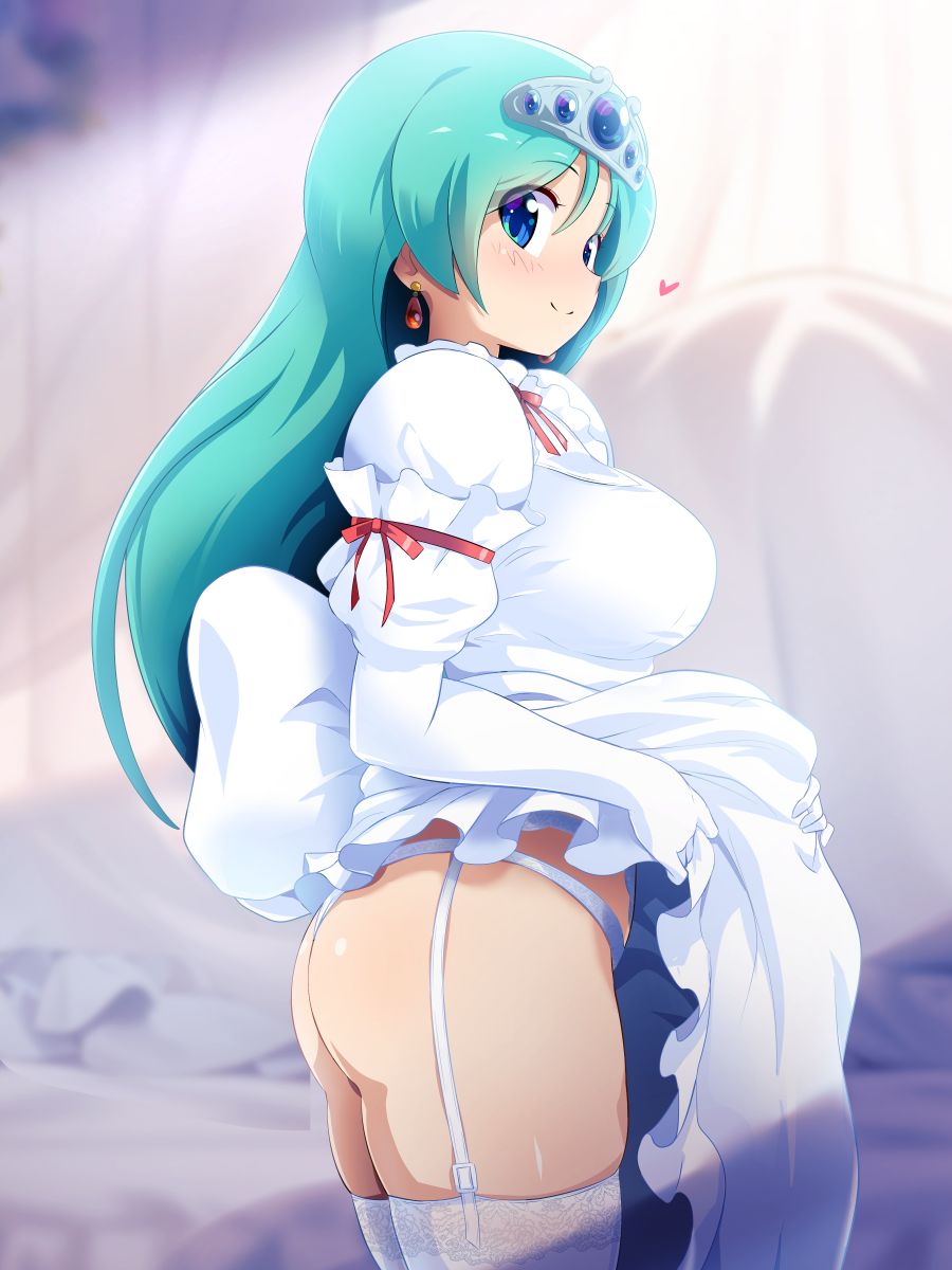 1girl, aqua_hair, arm_ribbon, ass, back_bow, blue_eyes, blurry, blurry_background, bow, breasts, closed_mouth, clothes_lift, cowboy_shot, dress, dress_lift, earrings, elbow_gloves, frilled_dress, frilled_gloves, frills, from_side, garter_belt, garter_straps, gloves, green_hair, hair_between_eyes, heart, highres, huge_bow, jewelry, konami, konpeto, large_breasts, legs, lifting_own_clothes, light_blush, long_dress, long_hair, looking_at_viewer, looking_to_the_side, neck_ribbon, princess, princess_melora, puffy_sleeves, red_ribbon, ribbon, sideboob, sideways_glance, smile, solo, standing, straight_hair, teasing, thick_thighs, thighhighs, thighs, tiara, twinbee, white_bow, white_dress, white_garter_straps, white_gloves, white_thighhighs