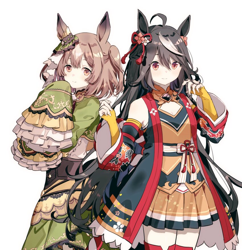 2girls, ahoge, alternate_hair_length, alternate_hairstyle, animal_ears, ascot, black_hair, bow