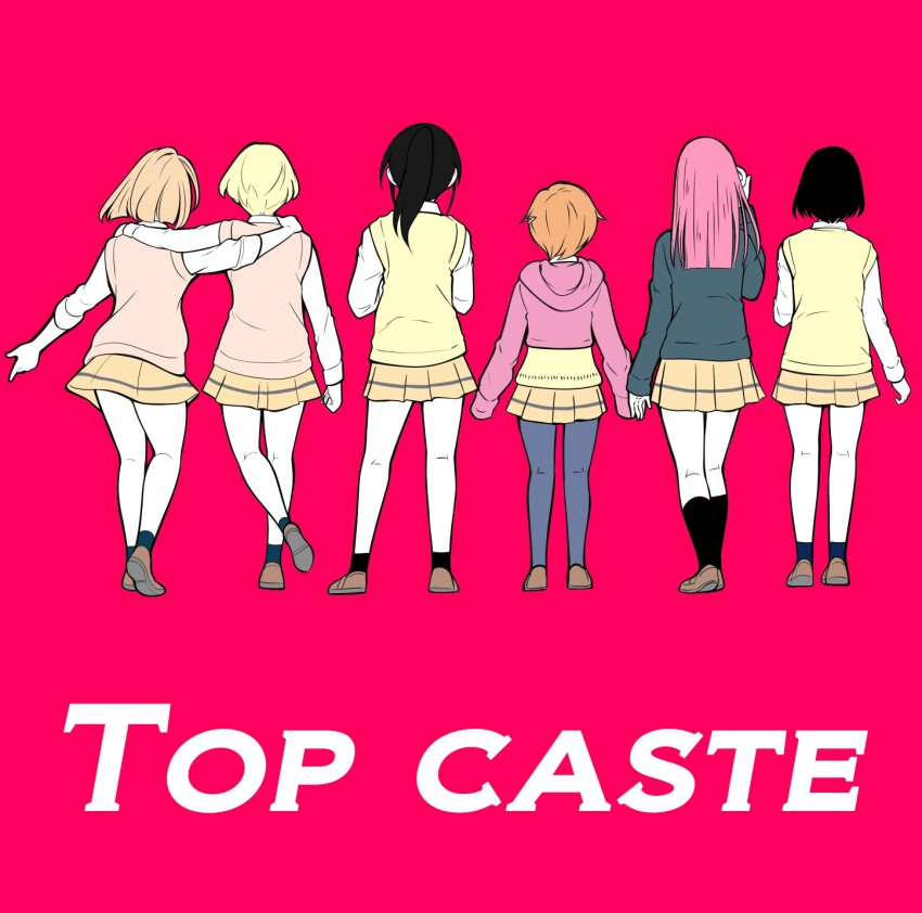 6+girls, arm_at_side, arm_up, black_hair, black_socks, blonde_hair, blue_socks, blunt_ends