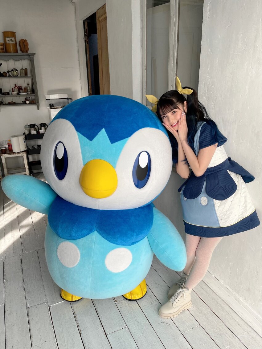 1girl, black_hair, gen_4_pokemon, highres, michishige_sayumi, nintendo, photo_(medium), piplup