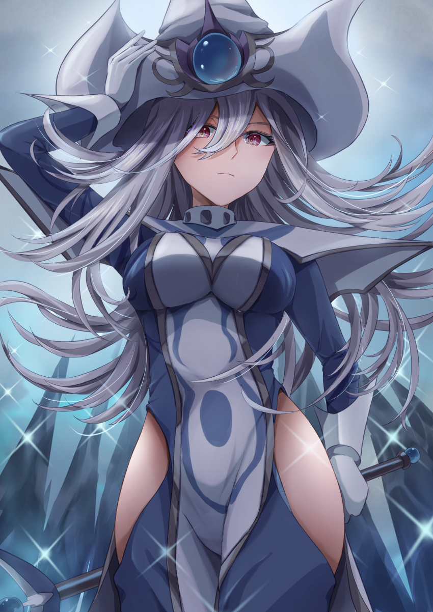 1girl, absurdres, breasts, clothing_cutout, duel_monster, gloves, hat, highres, hip_vent, large_breasts, long_hair, long_sleeves, looking_at_viewer, misakura_aoi, red_eyes, silent_magician, solo, wand, white_hair, witch_hat, yu-gi-oh!