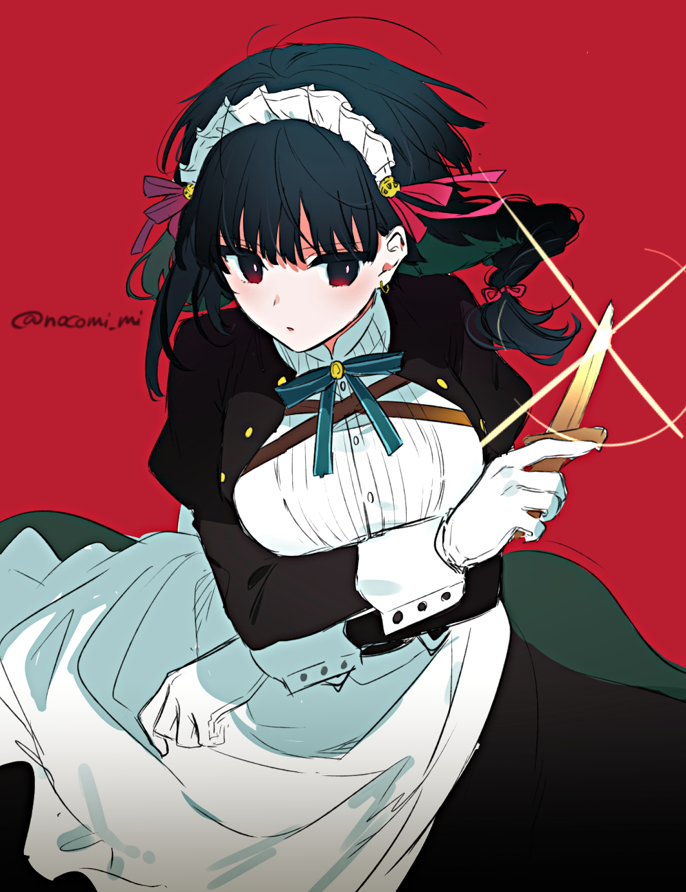 1girl, apron, black_background, black_hair, black_jacket, blue_bow, blue_bowtie, blunt_bangs