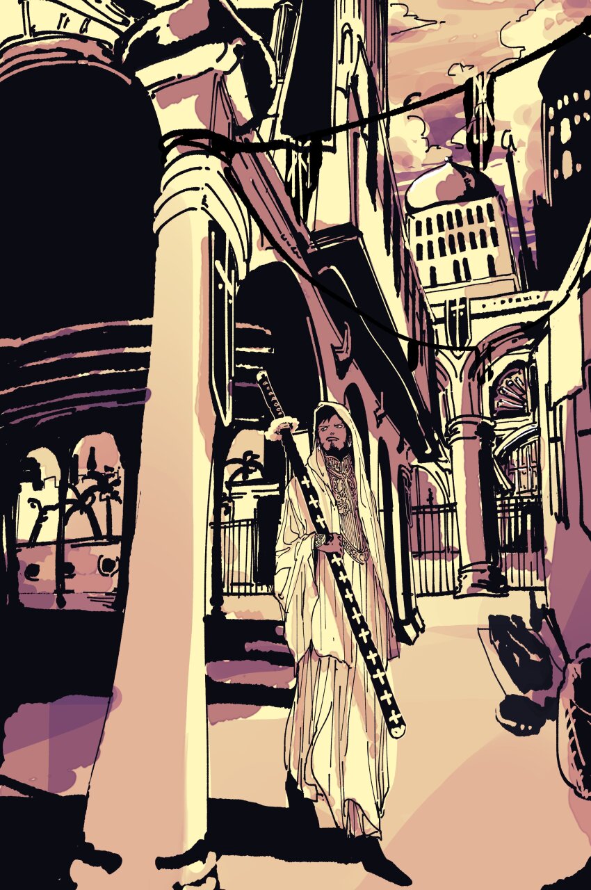 1boy, absurdres, arabian_clothes, banner, black_hair, building, cape, earrings