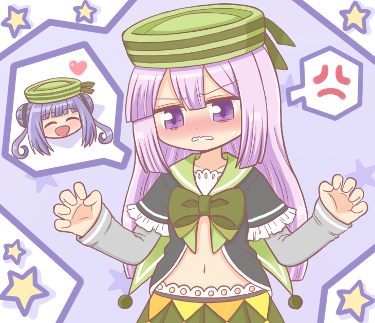 2girls, :d, anger_vein, angry, black_shirt, blunt_bangs, blush, bow, bowtie, closed_eyes, cosplay, dot_nose, frilled_shirt, frills, green_bow, green_bowtie, green_headwear, green_sailor_collar, green_skirt, grey_sleeves, hair_between_eyes, hands_up, hat, heart, kurara_(madoka_magica), layered_sleeves, long_hair, long_sleeves, magia_record:_mahou_shoujo_madoka_magica_gaiden, magical_girl, mahou_shoujo_madoka_magica, multiple_girls, navel, no_nose, open_clothes, open_mouth, open_shirt, purple_eyes, purple_hair, reverse_(bluefencer), sailor_collar, sailor_shirt, shirt, short_over_long_sleeves, short_sleeves, sidelocks, skirt, smile, spoken_character, star_(symbol), striped_clothes, striped_headwear, sweat, upper_body, v-shaped_eyebrows, wavy_mouth, yume_urara, yume_urara_(cosplay)