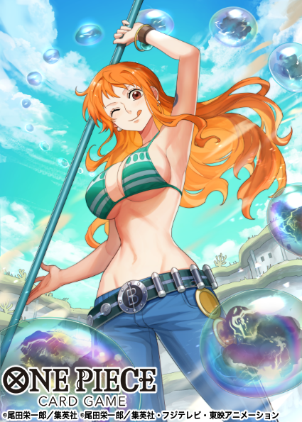 1girl, ;q, arm_up, armpits, bangle, bare_shoulders, belt, bikini, bikini_top_only, blue_sky, bracelet, breasts, brown_eyes, bubble, cleavage, clima-tact, cloud, commentary_request, cowboy_shot, day, denim, earrings, electricity, floating_hair, green_belt, green_bikini, groin, holding, holding_staff, jeans, jewelry, large_breasts, log_pose, logo, long_hair, looking_at_viewer, nami_(one_piece), nami_(one_piece)_(return_to_sabaody), navel, official_art, one_eye_closed, one_piece, one_piece_card_game, orange_hair, outdoors, pants, polearm, shoulder_tattoo, sidelocks, sky, smile, solo, staff, standing, stomach, striped_bikini, striped_clothes, sunohara_(encount), swimsuit, tattoo, tongue, tongue_out, weapon