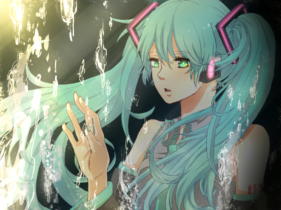 aqua_hair, bad_id, bad_pixiv_id, chacota, detached_sleeves, green_eyes, hatsune_miku, long_hair, necktie, solo, twintails, vocaloid