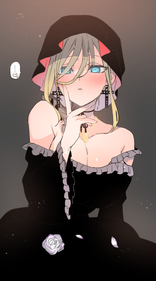 ..., 1girl, alice_lendrott, aqua_eyes, bare_shoulders, black_dress, black_headwear, blonde_hair