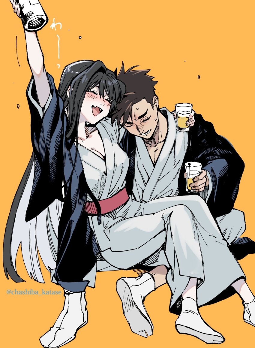 1boy, 1girl, alcohol, black_hair, blush, bottle, chashiba_katase, closed_eyes, cup, drink, drinking_glass, drunk, fangs, hand_on_another's_shoulder, haori, highres, holding, holding_bottle, holding_cup, japanese_clothes, kimono, kyokou_suiri, long_hair, muroi_masayuki, orange_background, sash, simple_background, socks, twitter_username, white_kimono, white_socks, yuki-onna_(kyokou_suiri), yuki_onna