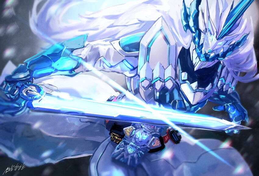 1boy, amamiyakaduto, animal_helmet, armor, belt, belt_buckle, blizzard, blue_eyes