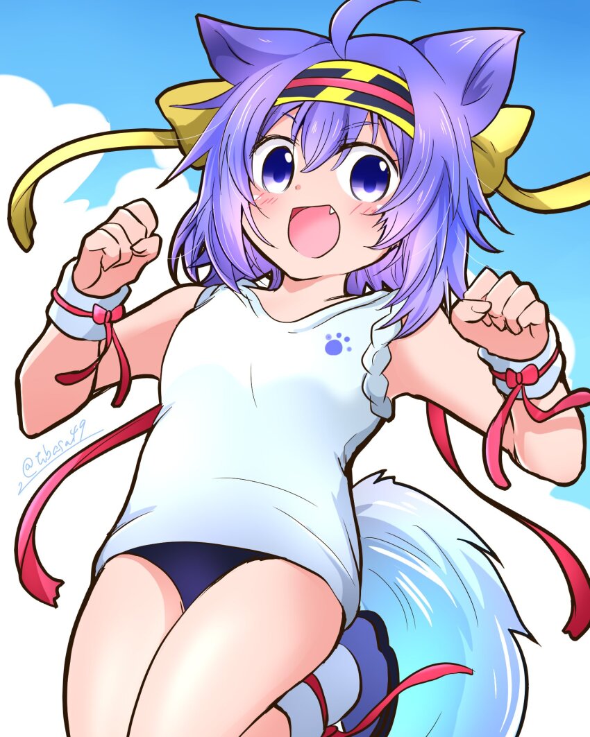 1girl, ahoge, animal_hands, atsu_toushirou_(tenka_hyakken), blue_buruma, blue_eyes, blue_footwear, blue_hair