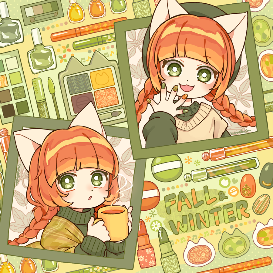 1girl, animal_ears, bemani, blush, braid, cat_ears, cat_girl, cosmetics