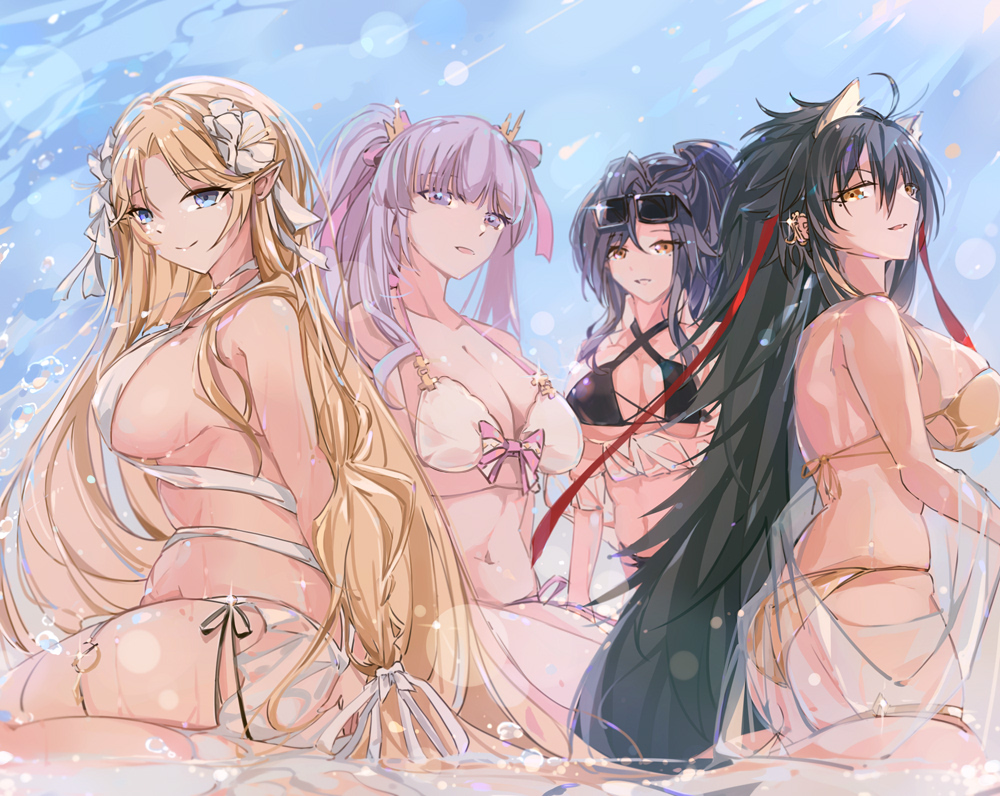 4girls, azur_lane, bikini, black_bikini, black_hair, blonde_hair, blue_eyes, bow