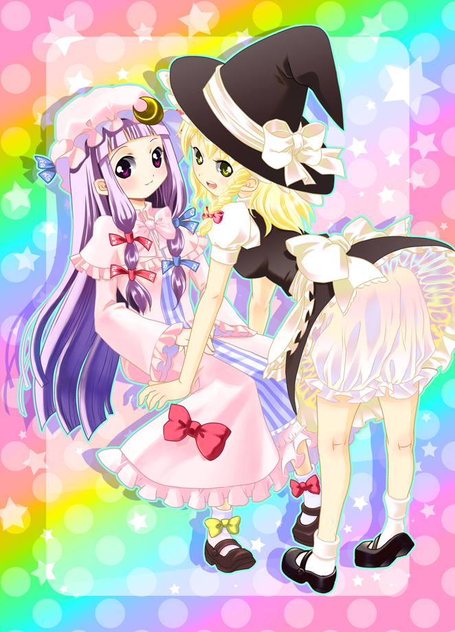 2girls, bad_id, bad_pixiv_id, blonde_hair, bloomers, female_focus, hat, kirisame_marisa