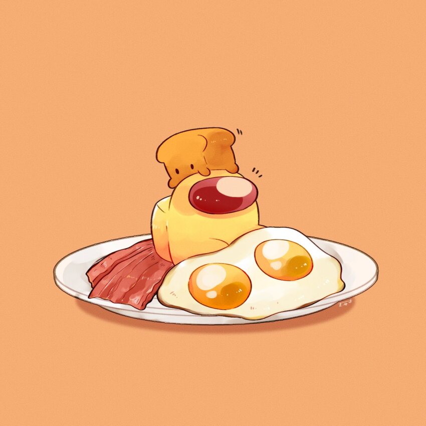 1other, among_us, artist_name, bacon, bread, breb_(among_us), commentary, crewmate_(among_us), egg_(food), food, fried_egg, full_body, highres, loaf_of_bread, no_humans, notice_lines, on_head, orange_background, plate, shadow, simple_background, sitting, untranslatable_commentary, tenmiyakiyo, yellow_(among_us)