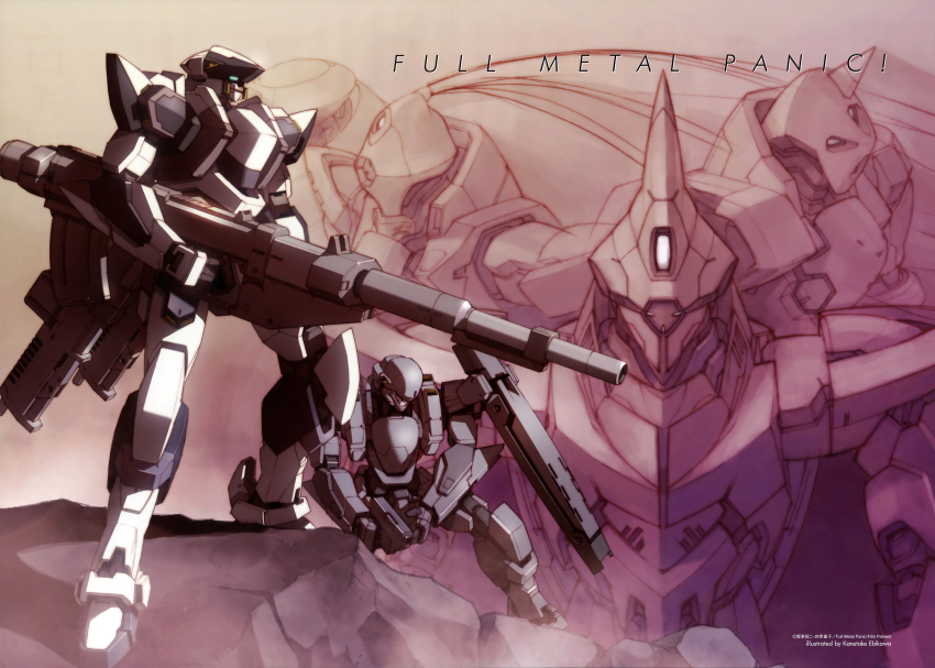 absurdres, arx-7_arbalest, cannon, cordal, cordal_i, cordal_m, ebikawa_kanetake, full_metal_panic!, gun, highres, m9_(mecha), mecha, mecha_focus, no_humans, robot, savage_(mecha), shadow_(mecha), shield, weapon, zoom_layer