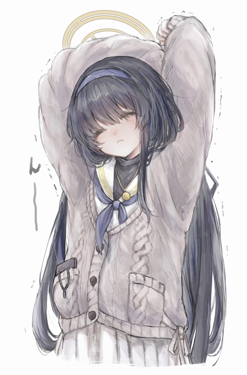 1girl, arms_up, black_hair, blue_archive, blue_neckerchief, blush, cardigan, closed_eyes