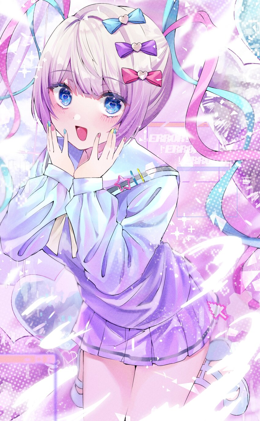 1girl, absurdres, blue_bow, blue_eyes, blue_hair, blue_nails, blush, bow