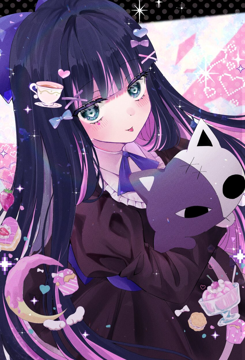 1girl, :p, absurdres, black_dress, black_hair, blue_eyes, blue_ribbon, blunt_bangs, blush, bow, chibana_sora, colored_inner_hair, dress, gothic_lolita, hair_bow, heart, heart-shaped_pupils, highres, holding, holding_stuffed_toy, lolita_fashion, long_hair, looking_at_viewer, multicolored_hair, panty_&amp;_stocking_with_garterbelt, pantyhose, pink_hair, ribbon, solo, sparkle, stocking_(psg), streaked_hair, stuffed_animal, stuffed_cat, stuffed_toy, symbol-shaped_pupils, tagme, tongue, tongue_out, two-tone_hair