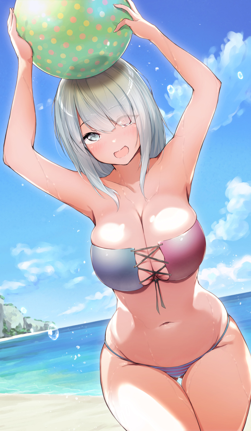 1girl, arms_up, ball, bandeau, beach, beachball, beyblade, bikini, blue_bikini, blue_sky, breasts, cleavage, cloud, commentary_request, day, dermar, eyes_visible_through_hair, grey_eyes, grey_hair, hair_over_one_eye, heterochromia, highres, holding, holding_ball, horizon, large_breasts, long_hair, looking_at_viewer, navel, ocean, open_mouth, outdoors, pink_eyes, sainen_yuko, skindentation, sky, smile, solo, standing, stomach, striped_bikini, striped_clothes, swimsuit, water_drop