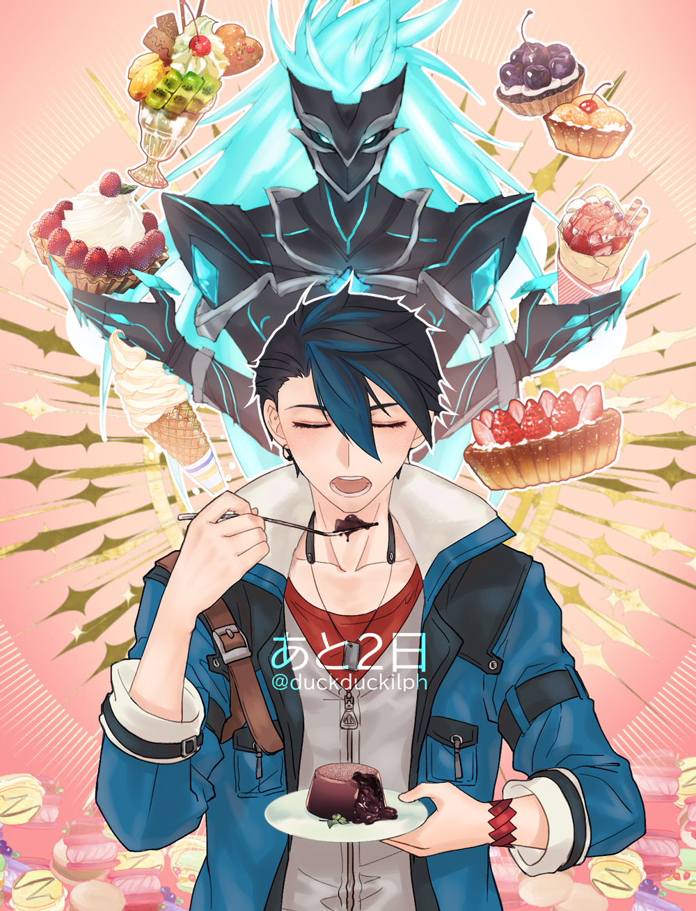 1boy, cake, cherry, chocolate, closed_eyes, crepe, earrings, eating