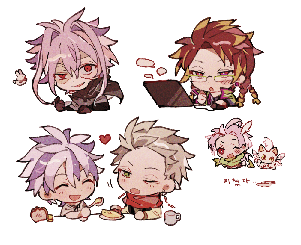 5boys, ;d, ahoge, blonde_hair, bright_pupils, brown_gloves, brown_shirt, chibi