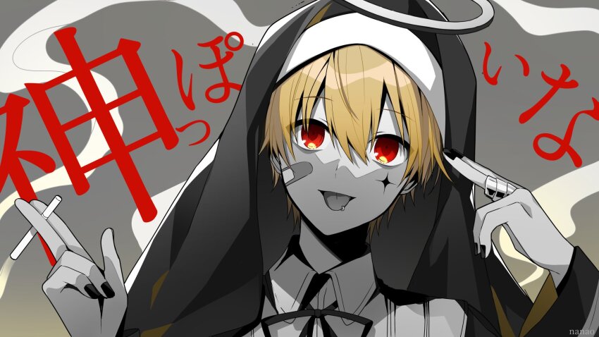 1boy, artist_name, bandaid, bandaid_on_face, black_nails, black_ribbon, blonde_hair, cigarette