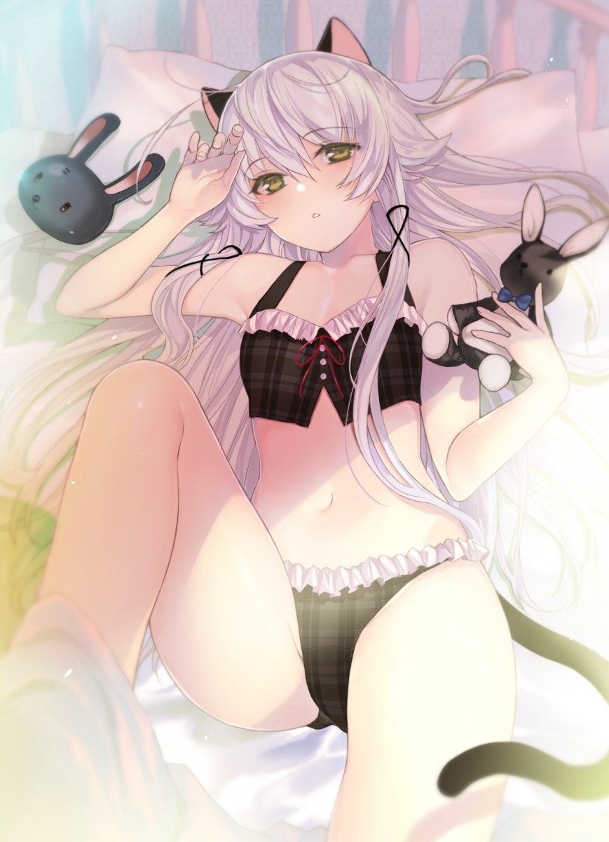 1girl, alternate_costume, altina_orion, animal_ears, bed, bikini, black_bikini, breasts