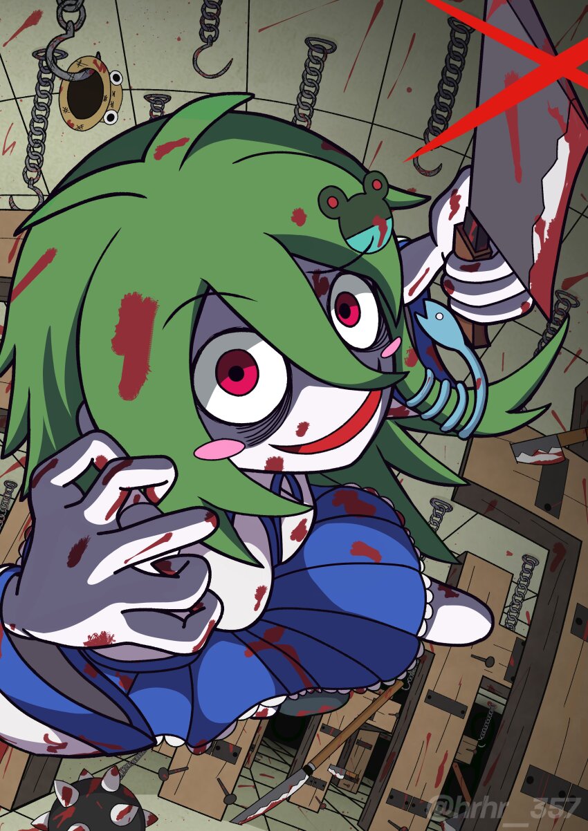 absurdres, bags_under_eyes, blood, blood_on_clothes, blood_on_face, bloody_weapon, cleaver, collared_shirt, commentary, commentary_request, crazy, crazy_eyes, detached_sleeves, frilled_skirt, frills, frog_hair_ornament, green_hair, hair_ornament, hair_tubes, highres, hrhr_gin_357, japanese_clothes, kochiya_sanae, koishi_komeiji's_heart-throbbing_adventure, long_skirt, looking_at_viewer, miko, pyonta, red_eyes, shirt, shoes, single_hair_tube, single_sidelock, skirt, sleeveless, sleeveless_shirt, smile, snake_hair_ornament, socks, touhou, weapon, white_socks
