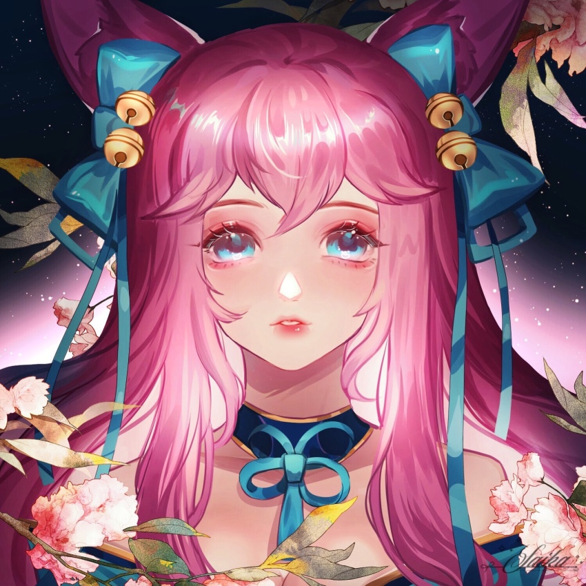 1girl, ahri_(league_of_legends), animal_ears, artist_name, bell, bow, commentary_request, detached_collar