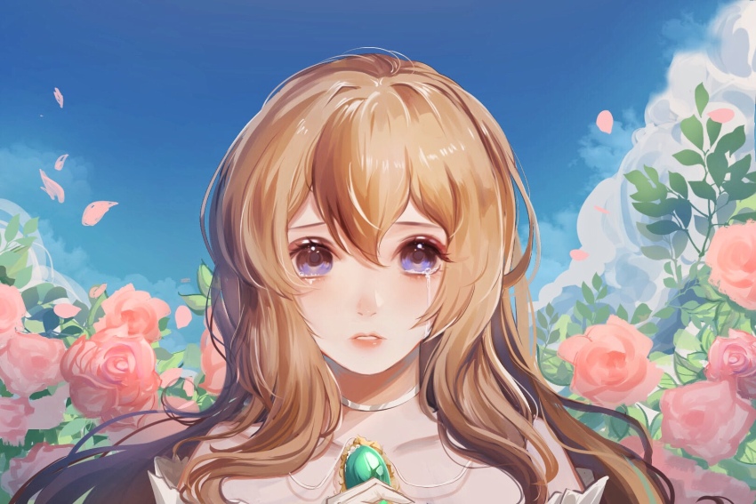 1girl, bare_shoulders, brown_hair, choker, cloud, collarbone, day, field