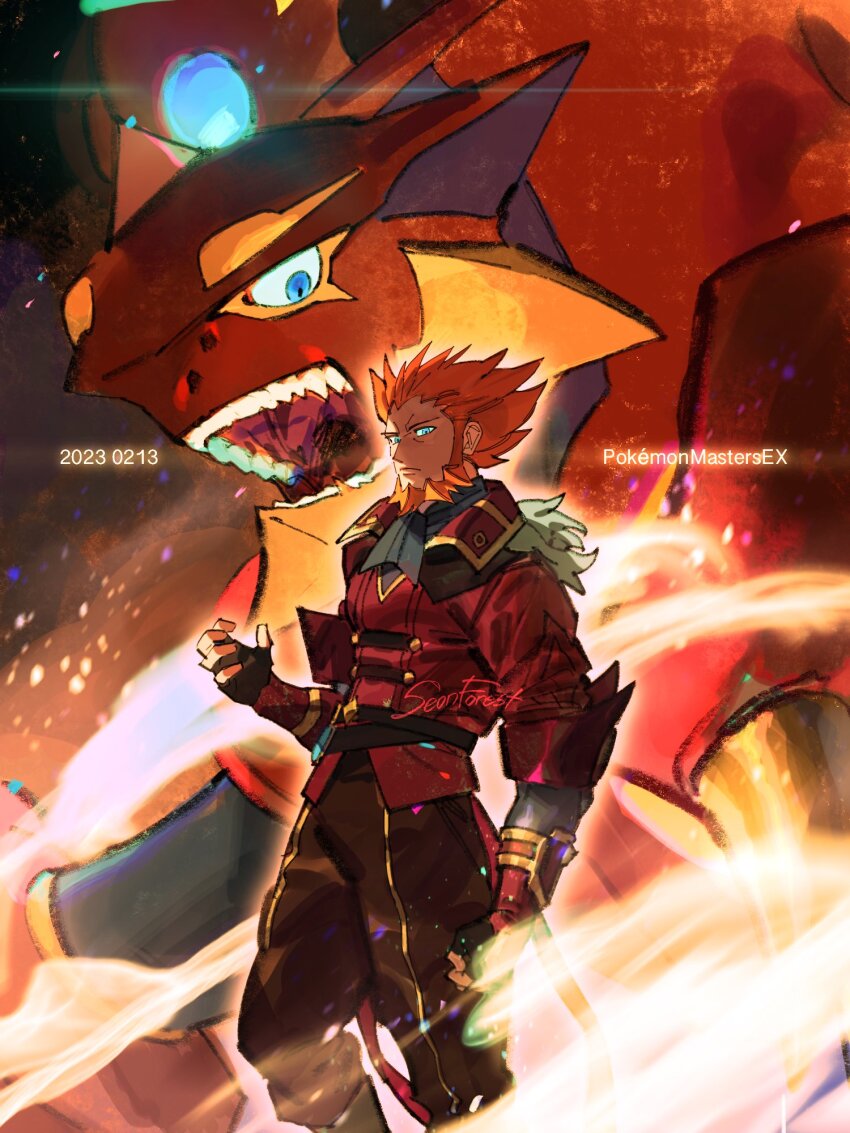 1boy, beard, blue_eyes, copyright_name, dated, facial_hair, gen_6_pokemon, gloves, highres, legendary_pokemon, looking_at_viewer, lysandre_(pokemon), lysandre_(sygna_suit)_(pokemon), male_focus, mythical_pokemon, nintendo, official_alternate_costume, open_mouth, orange_hair, pokemon, pokemon_(creature), pokemon_masters_ex, seonforest, signature, standing, teeth, volcanion