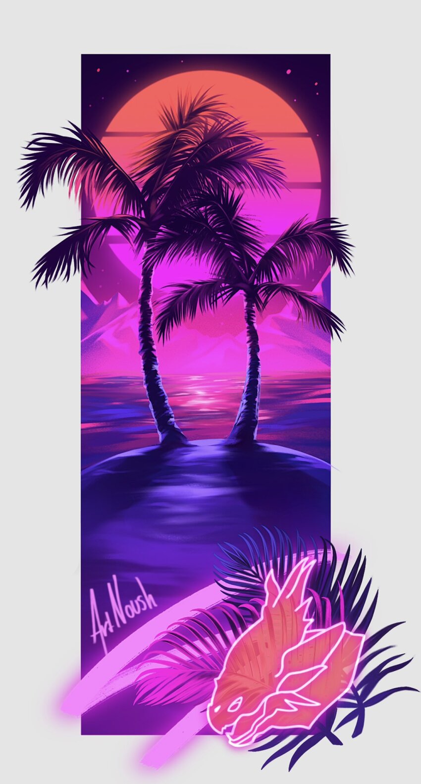 apex_legends, artist_name, border, commentary, english_commentary, grey_border, highres, island, mountainous_horizon, no_humans, noush, ocean, official_art, outdoors, palm_tree, prowler_(titanfall), scenery, tree, vaporwave