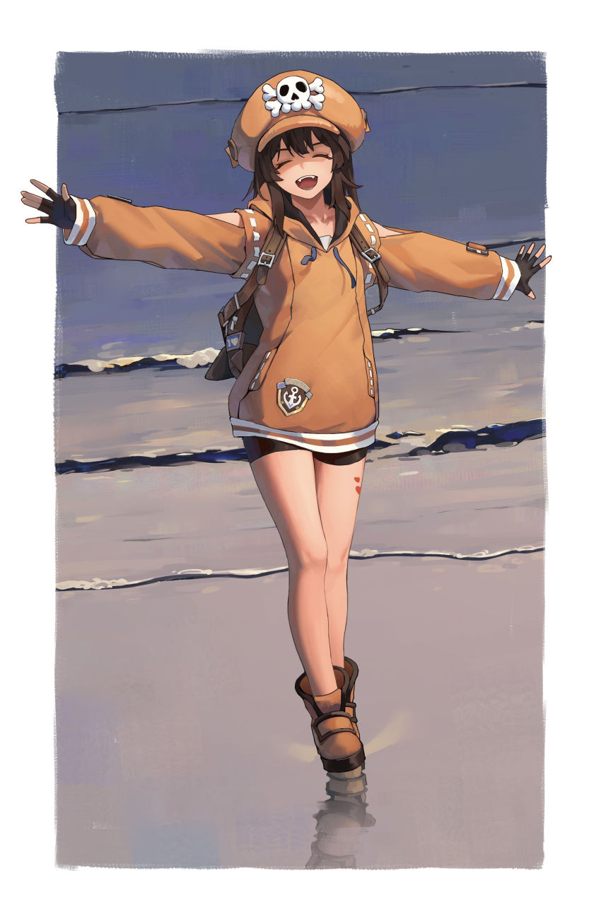 1girl, absurdres, anchor_symbol, backpack, bag, beach, bike_shorts, black_gloves, black_shorts, boots, border, brown_hair, closed_eyes, closed_mouth, clothing_cutout, facing_viewer, fangs, fingerless_gloves, full_body, gloves, guilty_gear, guilty_gear_strive, hair_between_eyes, heart, highres, hood, hoodie, kirsen, leg_tattoo, long_hair, long_sleeves, may_(guilty_gear), orange_boots, orange_headwear, orange_hoodie, outdoors, outstretched_arms, shorts, shoulder_cutout, skull_and_crossbones, smile, solo, spread_arms, tattoo, walking, water, white_border