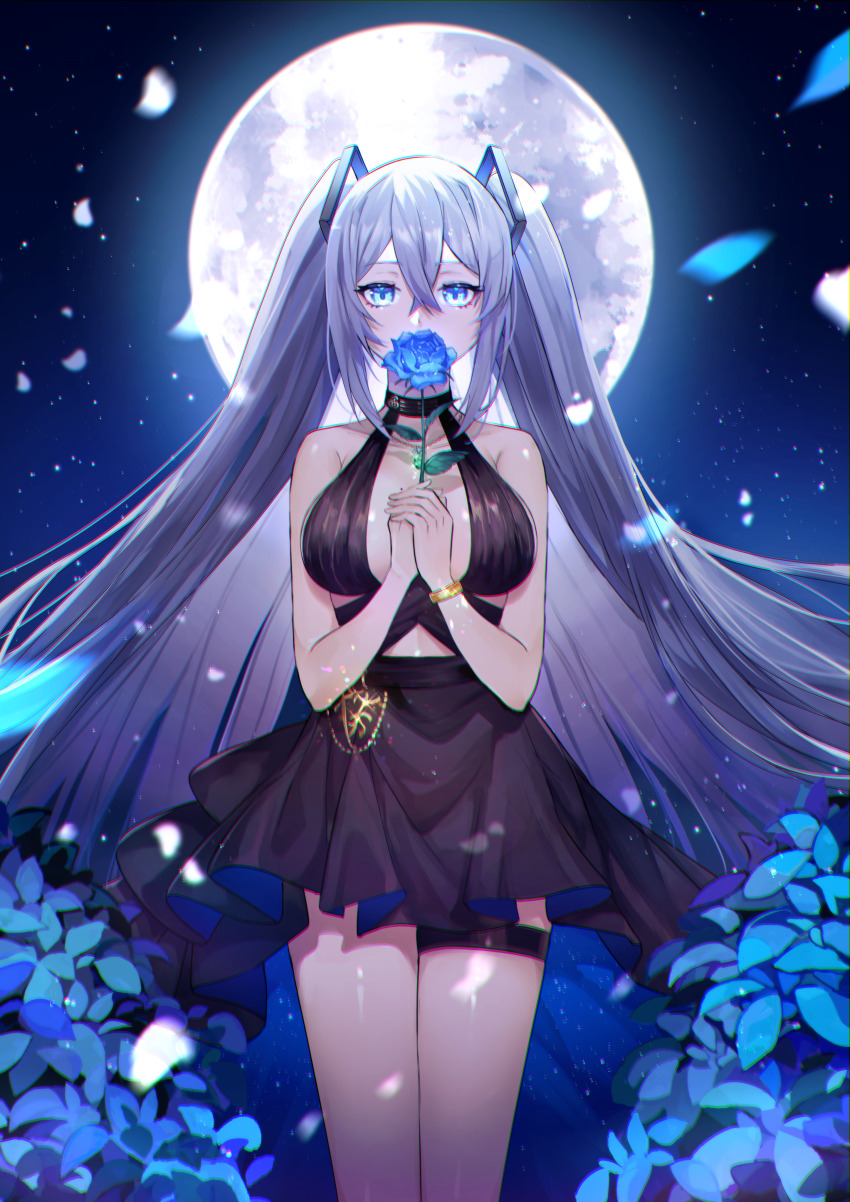 absurdres, azur_lane, bare_shoulders, black_dress, blue_eyes, blue_flower, blue_rose, blue_theme
