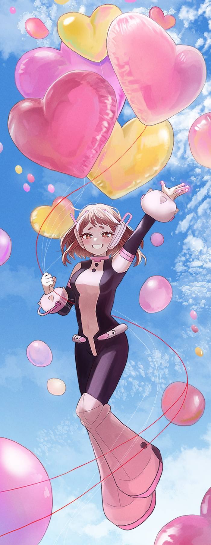 1girl, balloon, blue_sky, blush, boku_no_hero_academia, breasts, brown_eyes, brown_hair, cloud, covered_navel, floating, heart_balloon, helmet, highres, large_breasts, looking_at_viewer, mince_cutlet_bastard, skin_tight, sky, smile, solo, uraraka_ochako