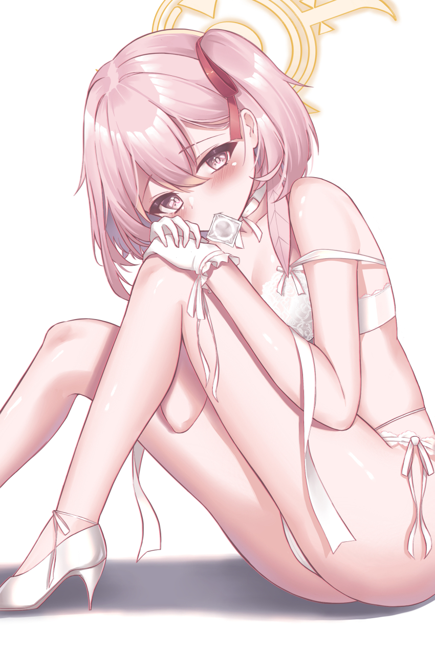 1girl, absurdres, amerika_neko, blue_archive, bra, commentary, condom, condom_in_mouth