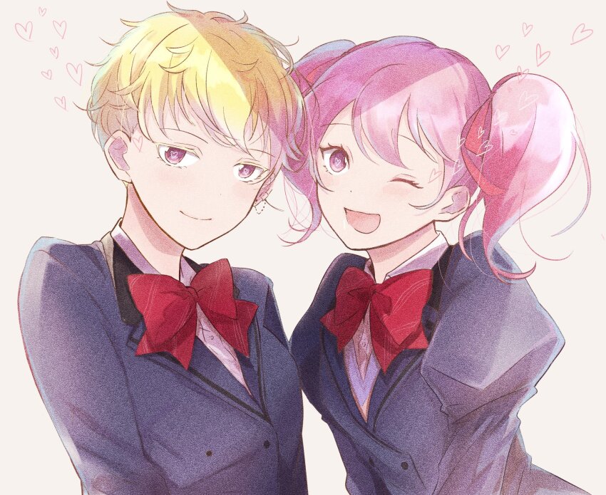 2girls, ;d, blazer, blue_jacket, bow, bowtie, closed_mouth, collared_shirt