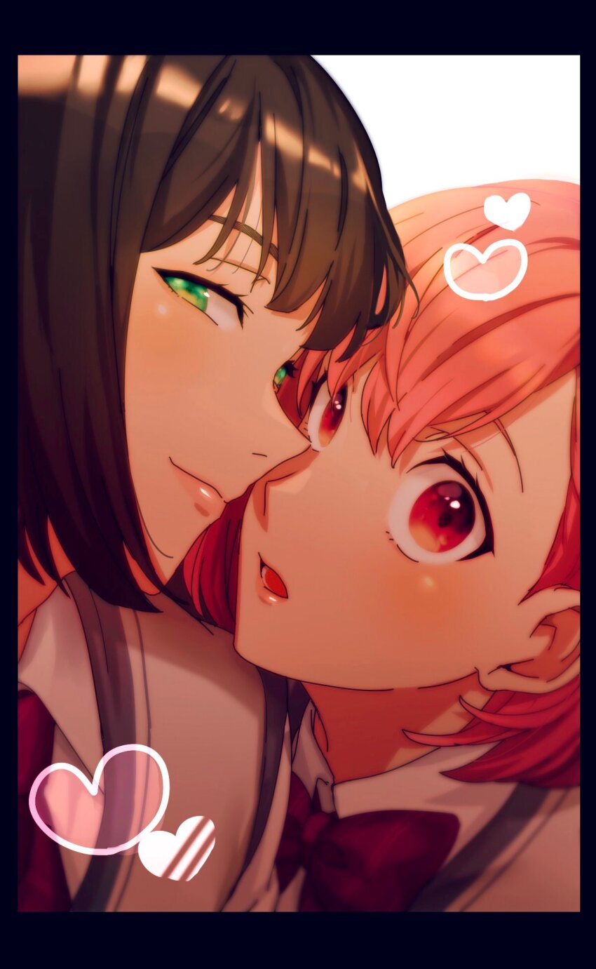 2girls, black_hair, border, bow, bowtie, brown_hair, character_request, gana_(mknumi)