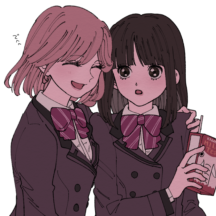 2girls, black_hair, blazer, bob_cut, bow, bowtie, buttons, collared_shirt, double-breasted, drink, drink_carton, drinking_straw, gorainrice, grey_jacket, habataki_academy_school_uniform, hand_on_another's_shoulder, hand_up, holding, holding_drink, jacket, juice_box, laughing, long_hair, long_sleeves, looking_at_another, medium_hair, multiple_girls, pink_hair, protagonist_(tokimemo_gs3), school_uniform, shirt, short_hair, simple_background, tokimeki_memorial, tokimeki_memorial_girl's_side, tokimeki_memorial_girl's_side_3rd_story, ugajin_miyo, white_background, white_shirt