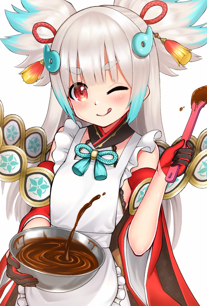1girl, apron, aqua_hair, basashi_tarou, bowl, chocolate_making, detached_sleeves, dress, frilled_apron, frills, gloves, hair_flaps, hair_ornament, half_gloves, highres, holding, holding_bowl, holding_spoon, long_hair, magatama, magatama_hair_ornament, multicolored_hair, one_eye_closed, open_mouth, red_eyes, sleeveless, sleeveless_dress, splashing, spoon, tenka_hyakken, thick_eyebrows, tongue, tongue_out, tsuda_echizen-no-kami_sukehiro, twintails, two-tone_hair, white_hair, wide_sleeves
